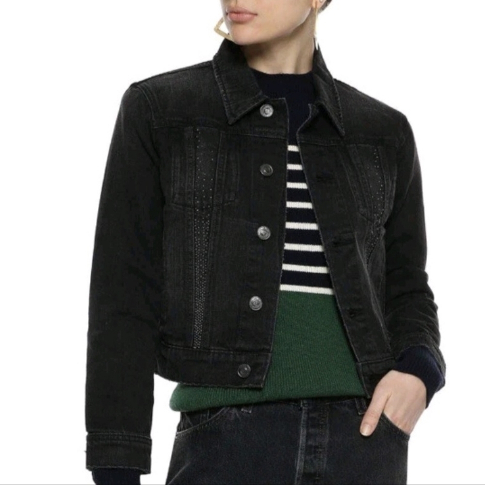 Current Elliott Women's Black "The Studded Baby Trucker" Jean Jacket Sz 1 Small